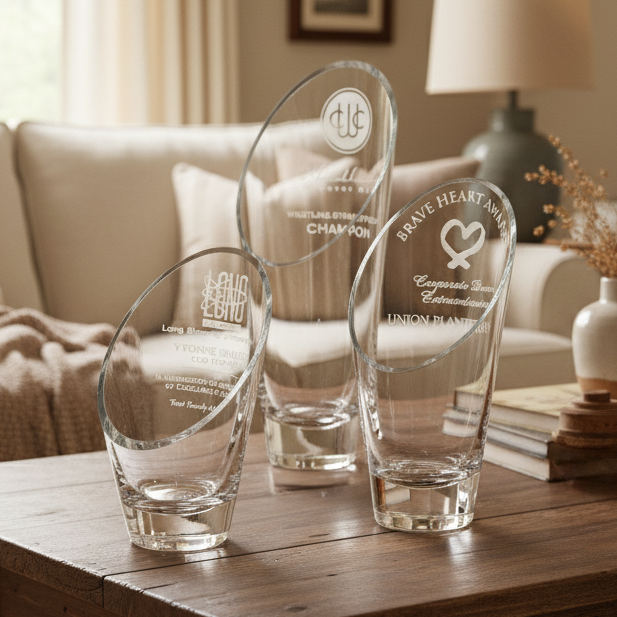 Three glass awards on a wooden coffee table in a living room setting.