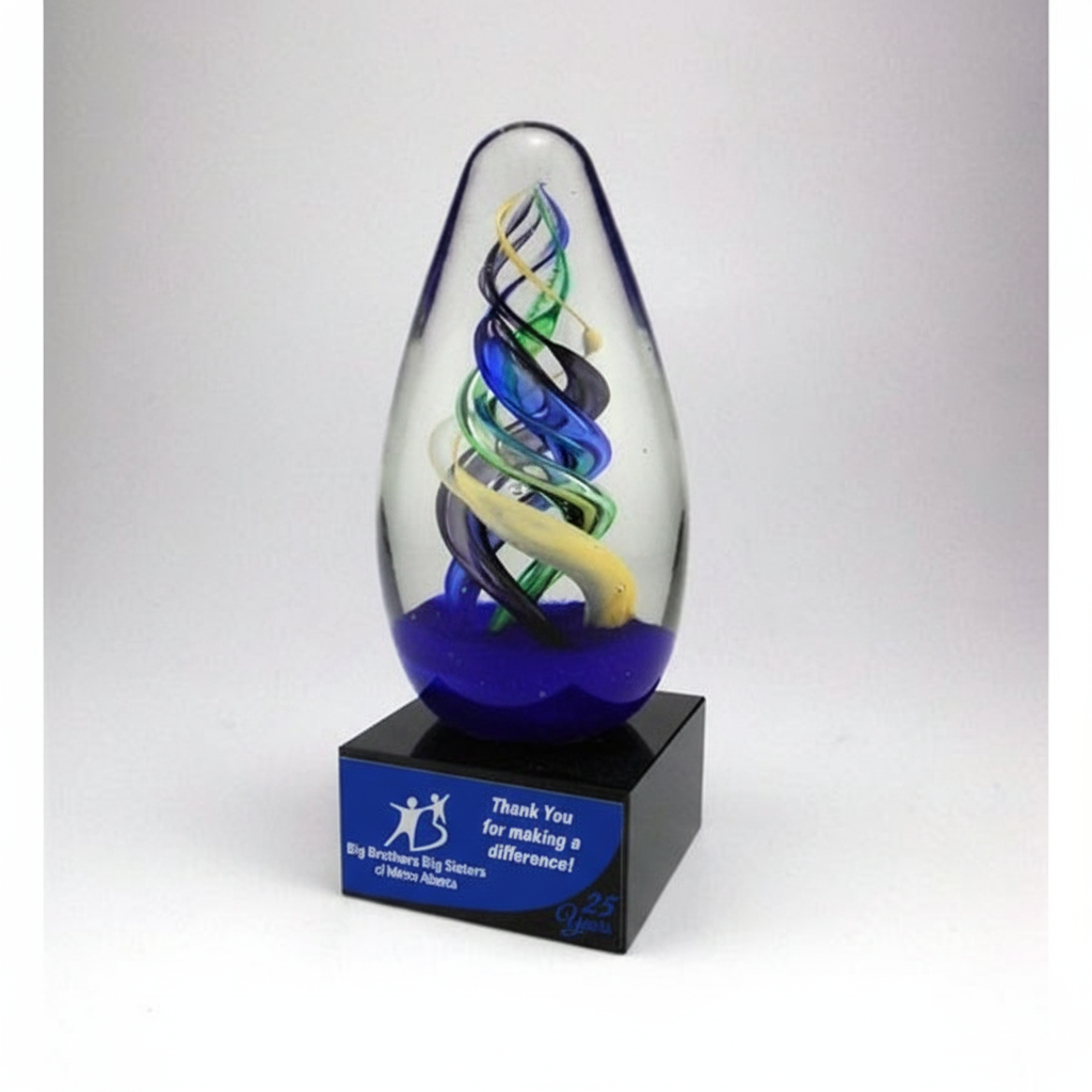 ART GLASS EGG ON BLACK GLASS BASE