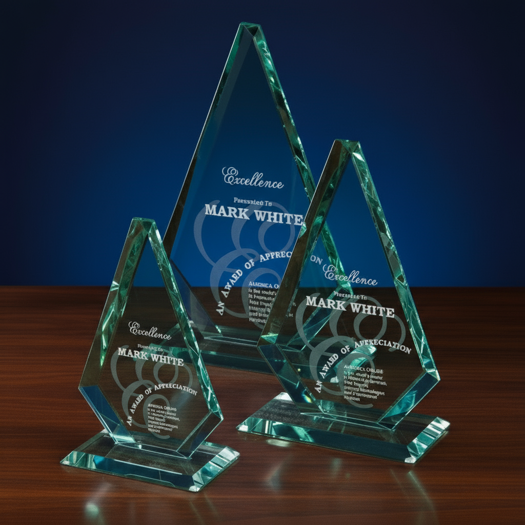 Three glass awards with custom engraved text 