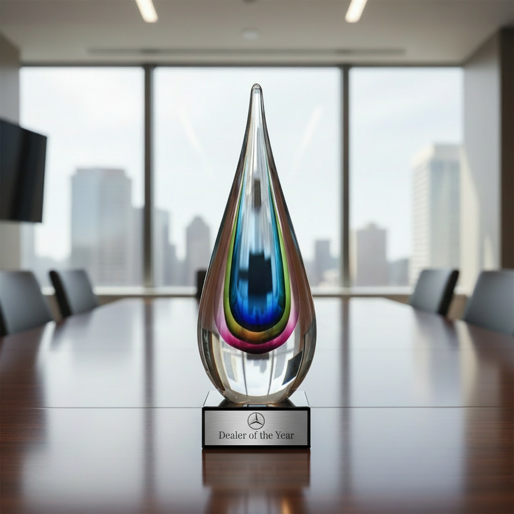 RAINBOW FLAME ART GLASS ON BLACK MARBLE BASE WITH FULL COLOR SUB PLATE