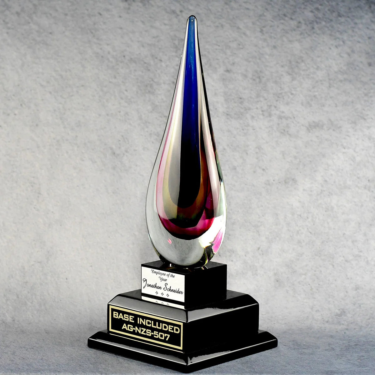 RAINBOW TEAR DROP ART GLASS TROPHY AWARD WITH ENGRAVED PERSONALIZATION PLATES