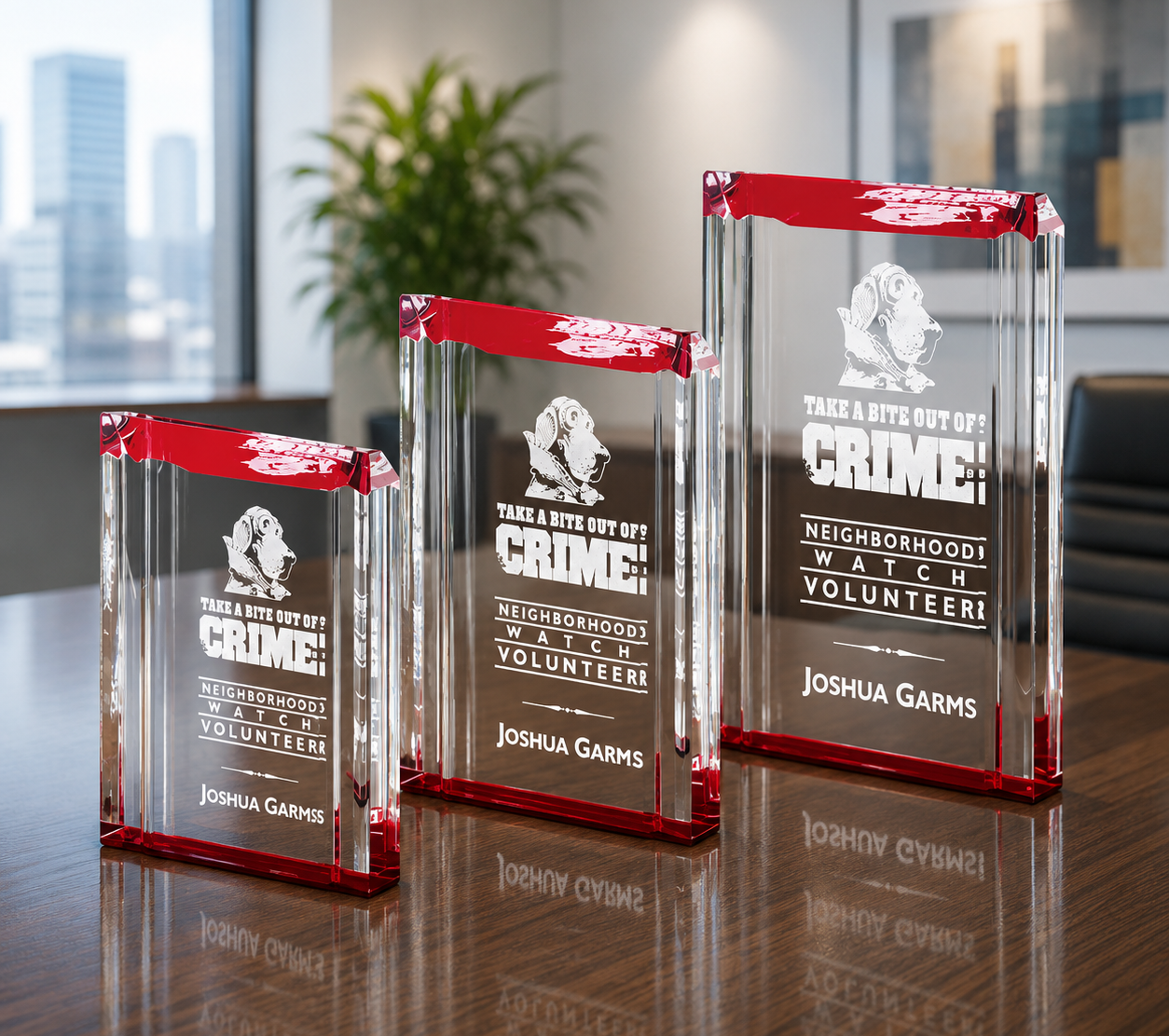 Clear Acrylic Awards with red accents make for great deal toys.