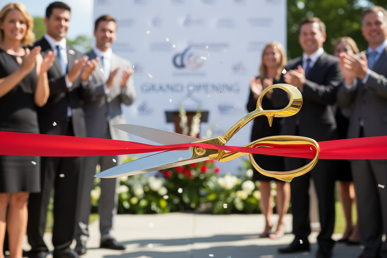 Ribbon-cutting ceremony with gold scissors and red ribbon, people clapping in the background.
