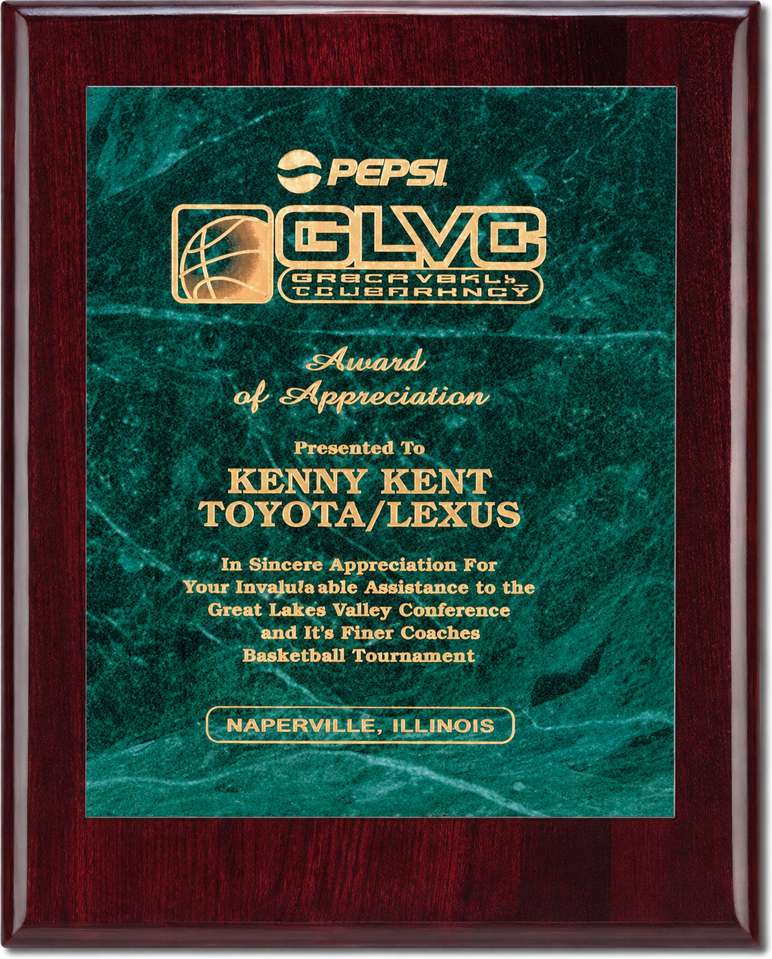Plaque with corp logo and text on rosewood