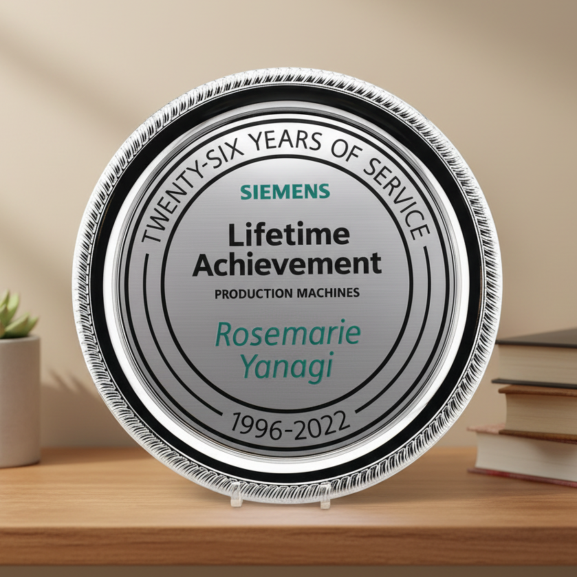 Crome plate with silver round insert, UV printed text and corporate logo