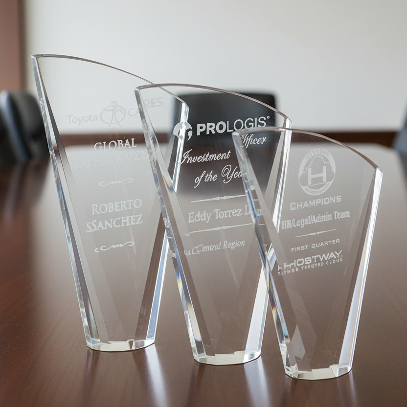 Three crystal sail awards with engraved text on a gray background 