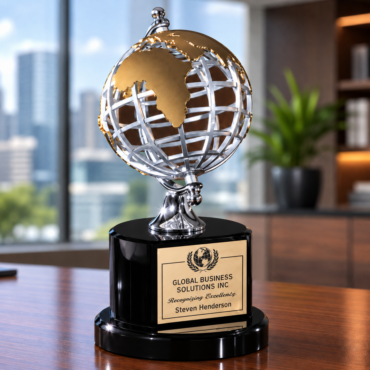SILVER AND GOLD GLOBE ON BLACK BASE