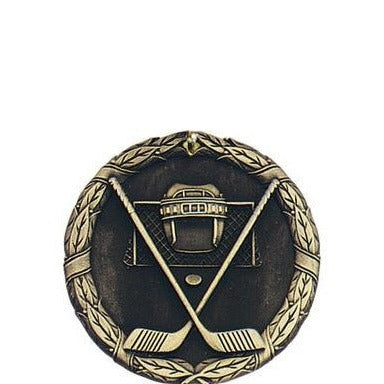 A 3D cast medal featuring a hockey theme with a hockey stick and puck in the center, encircled by a laurel wreath.