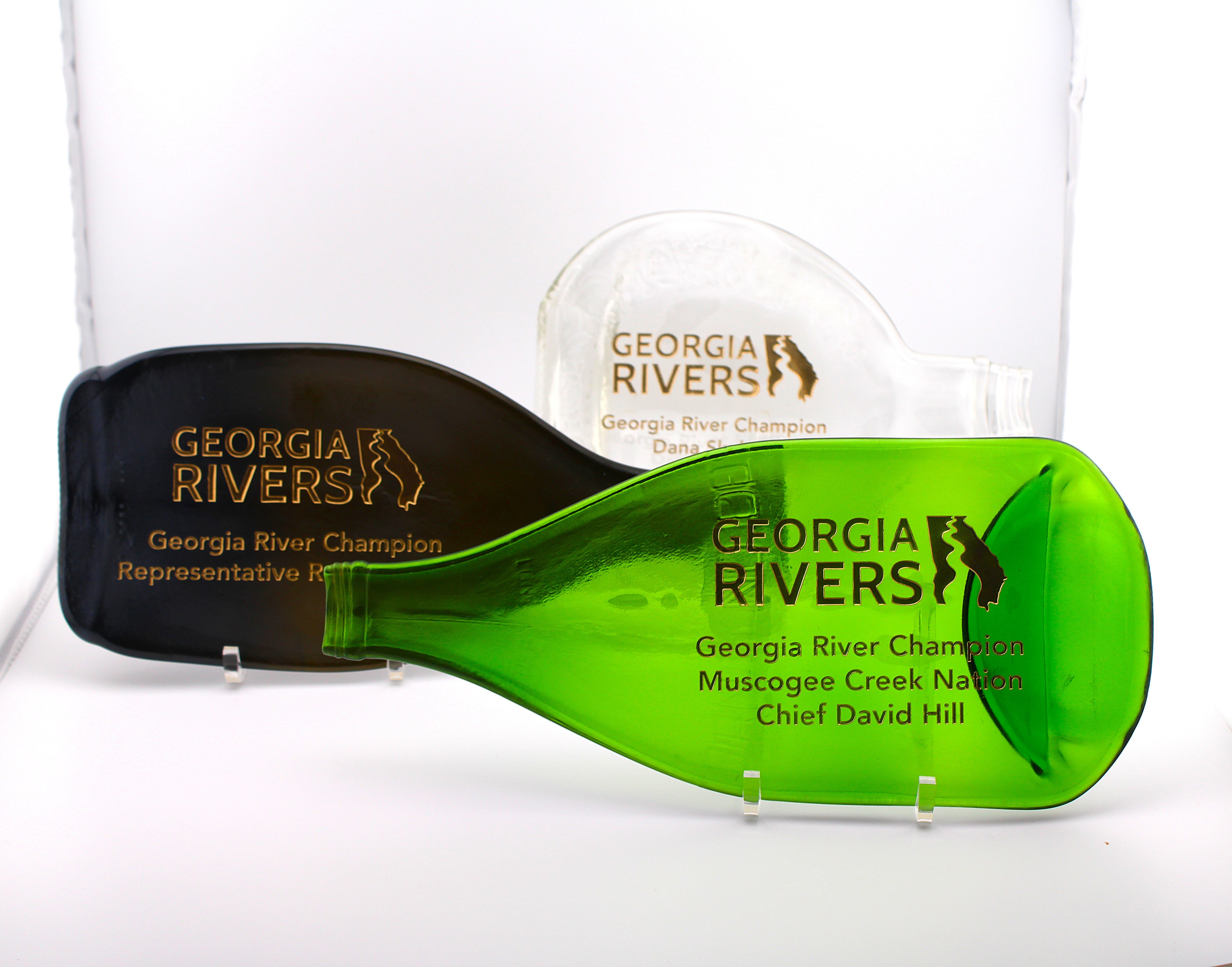Kiln flat bottle with sand etch text and logo with custom color fill
