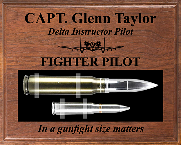 A wooden memorial plaque featuring engraved text reading 'CAPT. Glenn Taylor Delta Instructor Pilot FIGHTER PILOT' and 'In a gunfight size matters,' with black-and-white illustrations of a fighter jet and two bullets on a black panel inset in the center.