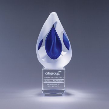 Crystal trophy award with blue leaf design and sand etch engraving with white color fill