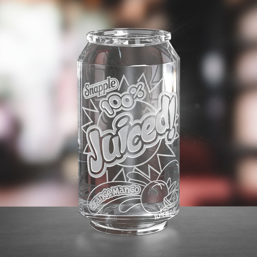 Clear glass can with 'Snapple So Juiced!' branding on a blurred background