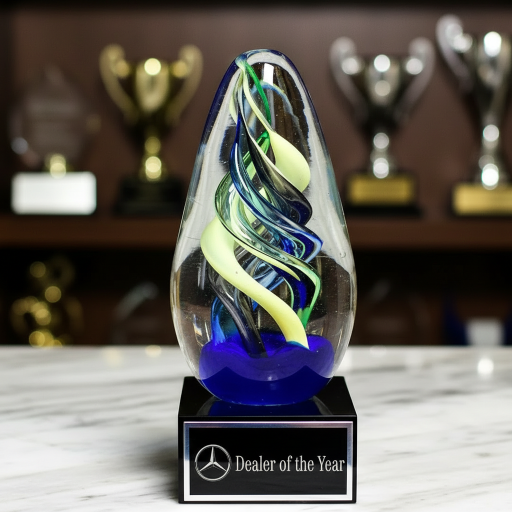 Glass award with colorful design on a black base, featuring the Mercedes-Benz logo, in front of other awards.