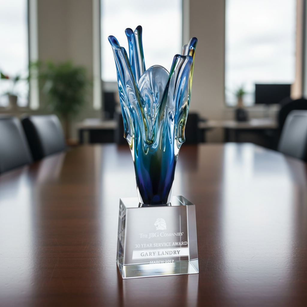 Decorative glass award on a wooden table in an office setting