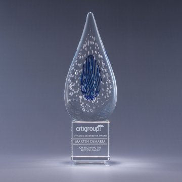 crystal glass tear drop award with blue interior, crystal base and sand etch engraving