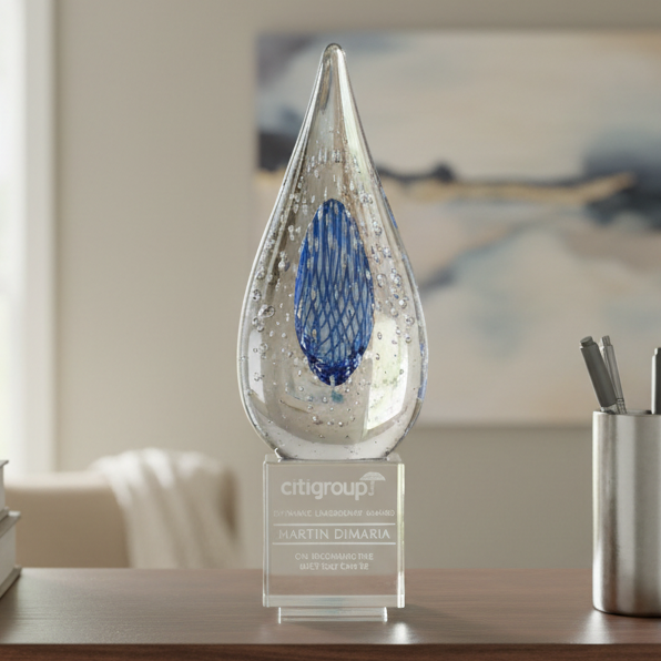 Glass award with blue center on a desk, corporate logo branding visible