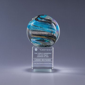 Decorative hand blown art glass sphere with engraved text 