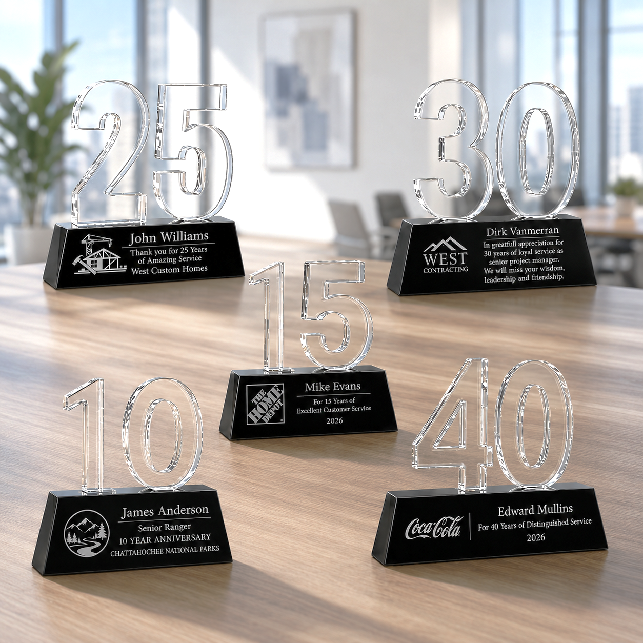 Set of personalized crystal anniversary awards 