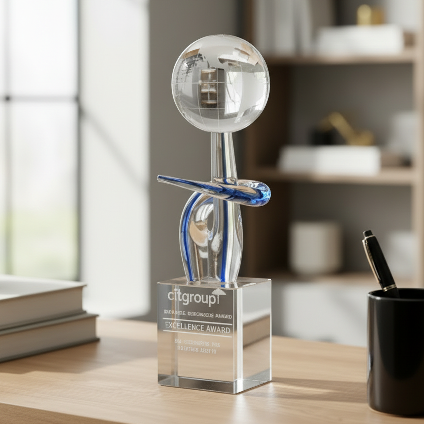 Clear glass award with blue accents on a desk in an office setting