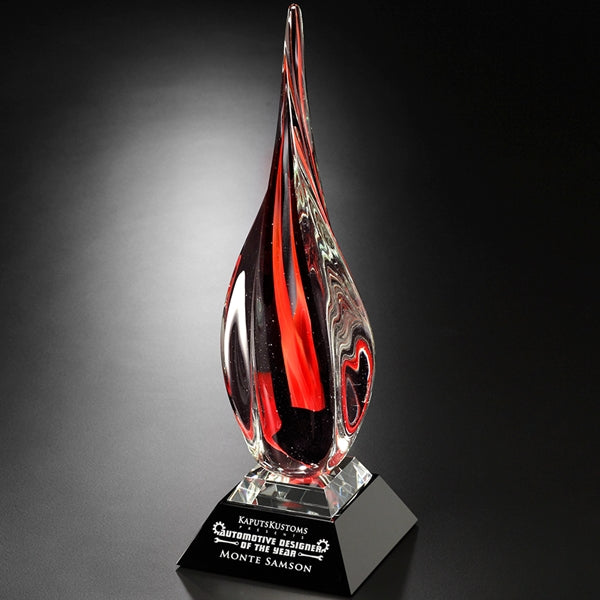 Tall Art glass sculpture flame with black marble sand etched base and white color fill lettering and logo