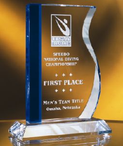 BLUE/CLEAR CRYSTAL WAVE| flowing and elegant crystal award. Elite crystal from Specialty Engraving.