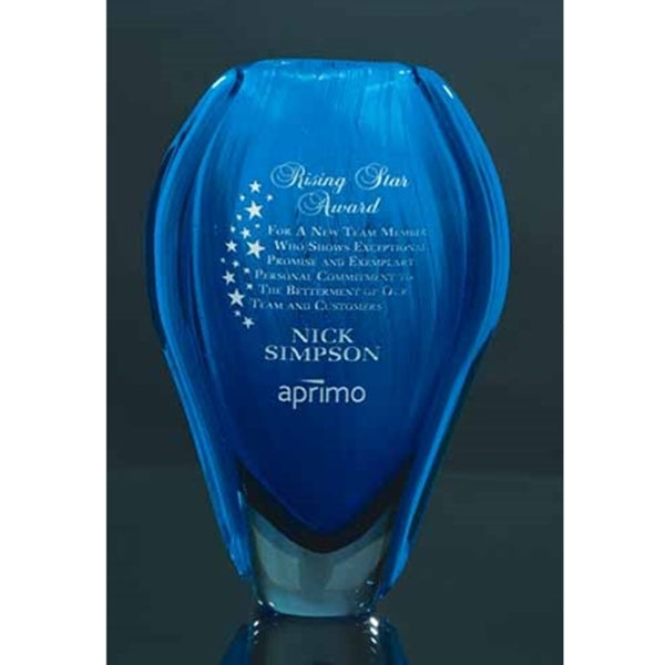 A blue teardrop-shaped art glass vase with custom etched text.