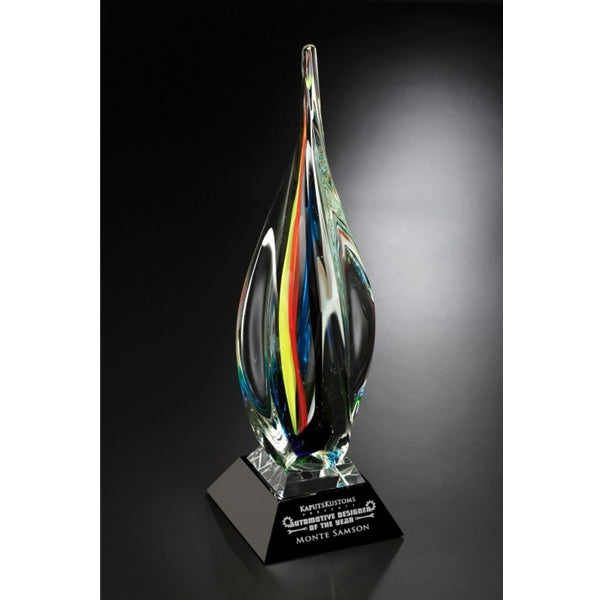 Majesty Award Art Glass Spire on black optic glass base with sand etched lettering and logo Atlanta, Roswell Alpharetta