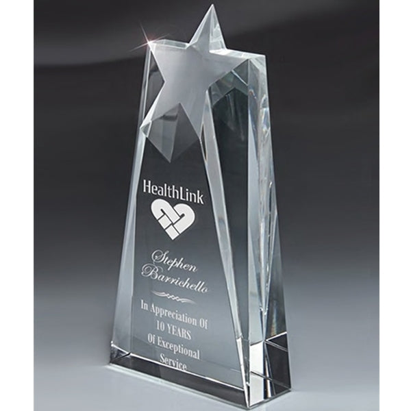 Crystal column highlighted with star peak and sand etch engraving. Quality Awards and Free Engraving
