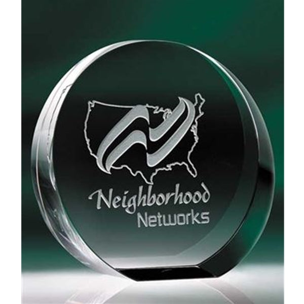 OPTIC CRYSTAL STANDING CIRCLE | Sleek, Compact, and elegant crystal freestanding wedged circle with sand etch engraving