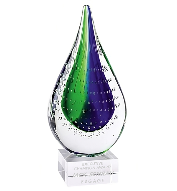 Blue and Green swirls in a crystal teardrop set on an optic crystal base and deep etched engraving