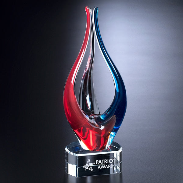 PATRIOT AWARD |in red clear and blue crystal glass with sand etch engraving on crystal base