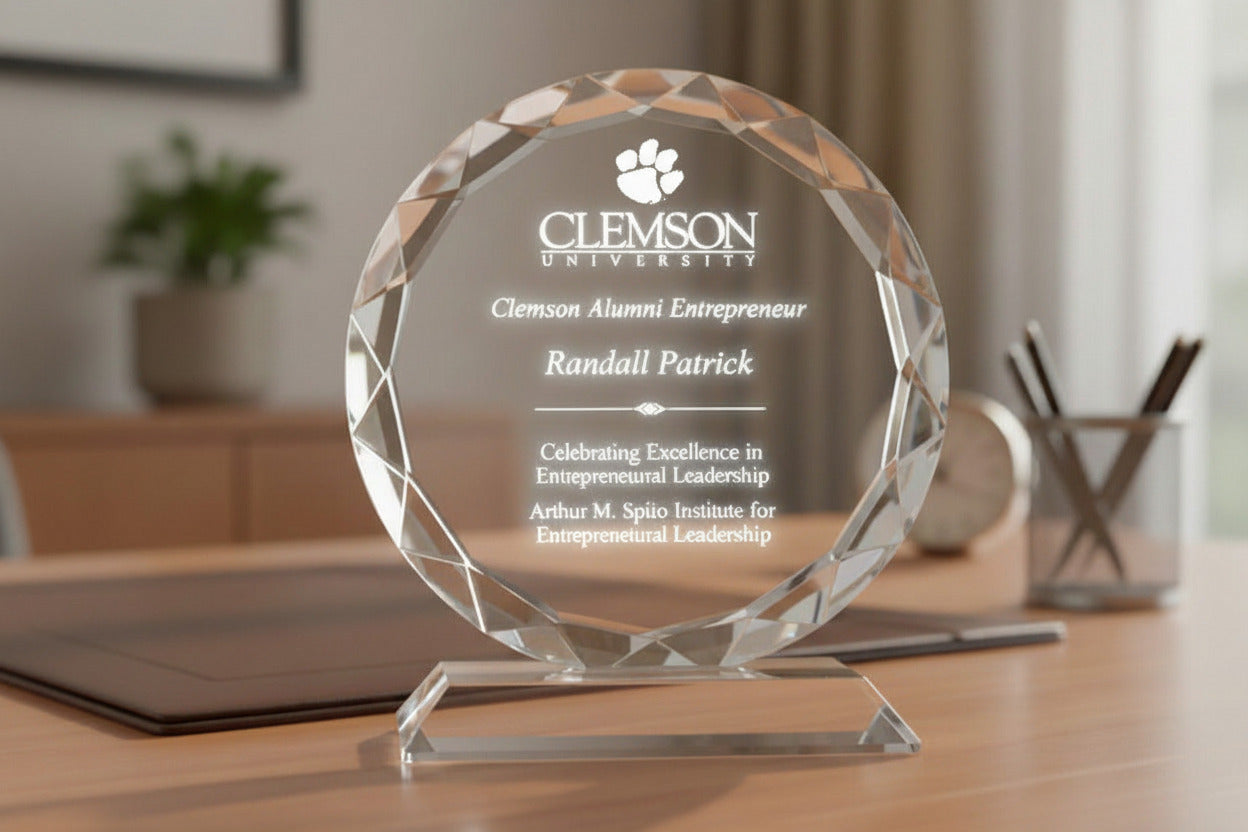 Faceted round crystal glass Starfire Sunflower award 7.25"